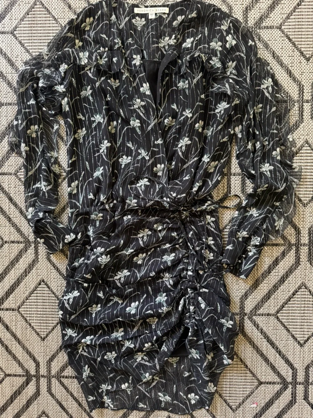 Veronica Beard Black Fitzgerald Metallic Ruched Floral Silk Mini Cocktail‎ Dress